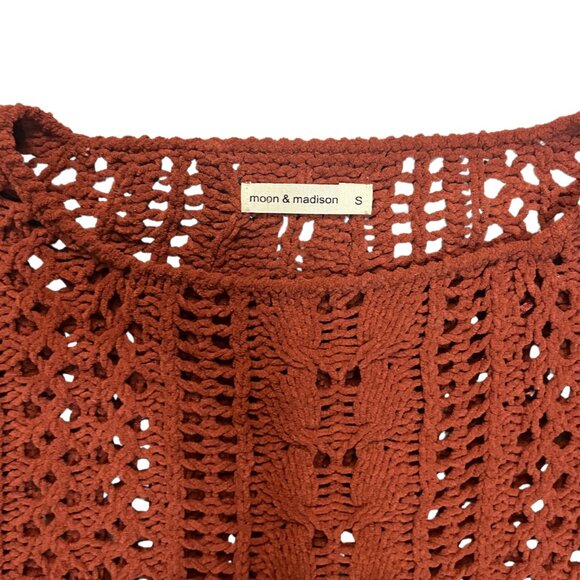 Cottagecore Boho Rust Brown Women's Sz S Open Knit Cozy Chunky Crochet Sweater - Picture 3 of 6